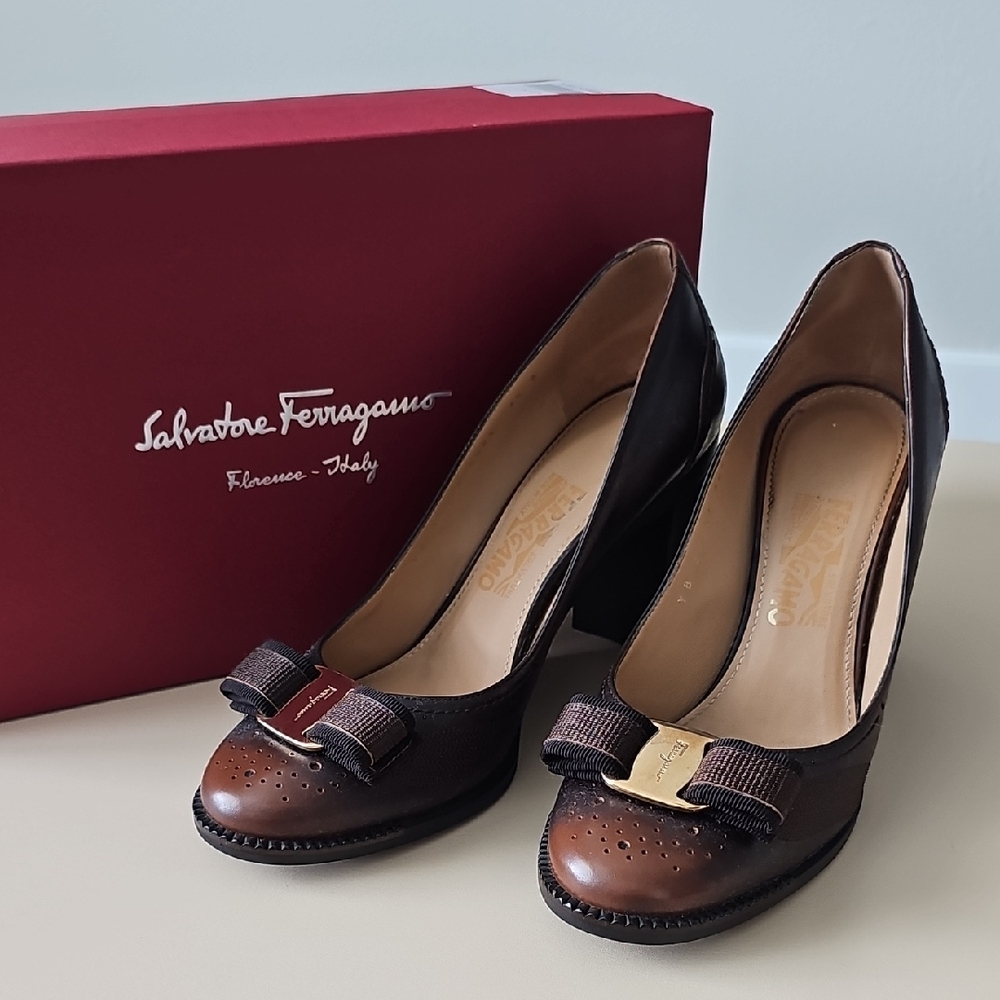 Salvatore Ferragamo Naffy Brown Leather Heels